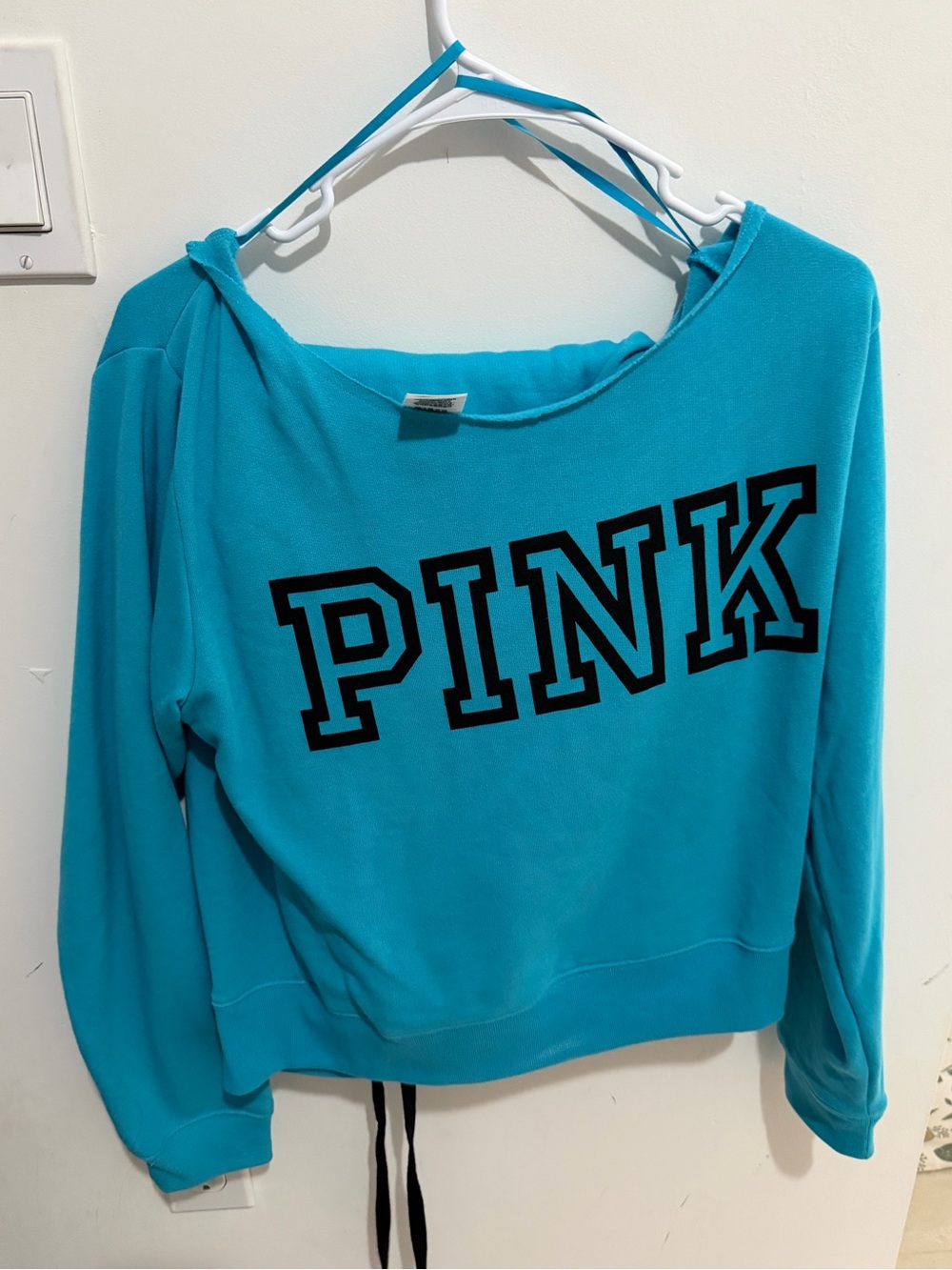 PINK Off-the-Shoulder Sweater and matching Sweats in Bright Teal with Black Logo